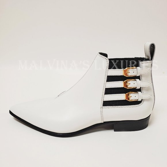 GUCCI BOOTS ANKLE QUEBEC 3 BUCKLE WHITE LEATHER POINTED TOE sz 37.5 7.5 - Picture 6 of 15